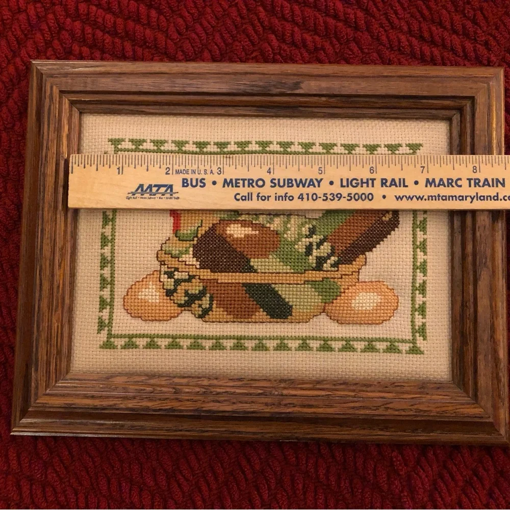 Framed Vintage  Cross-Stitch Nesting Hen with Eggs Rustic Farmhouse Whimsical - Picture 10 of 12